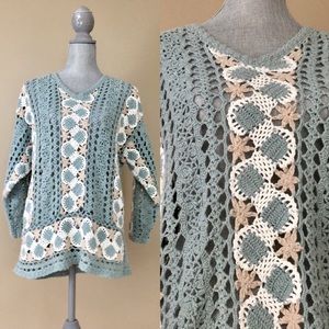 Vintage 80s Blue Knitted Granny Square Sweater